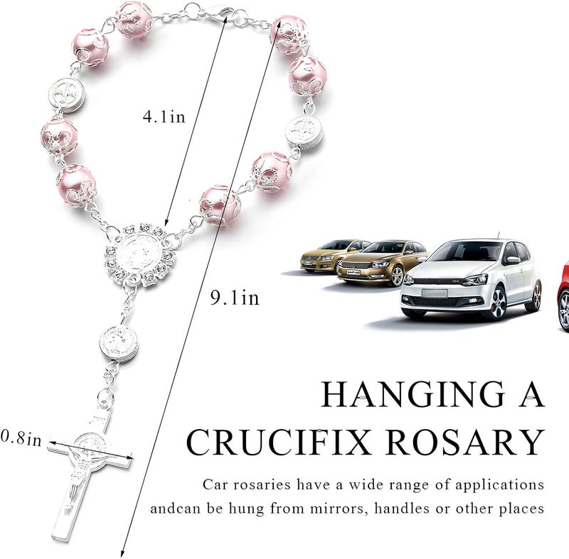 SHMZK Car Rosary for Rearview Mirror, Personalized Blessing Hanging Pendant for Car Rear View Mirror, Cross Rosary Ornament Interior Decor for Most Vehicles, Car Accessories (Pink) - Image 2